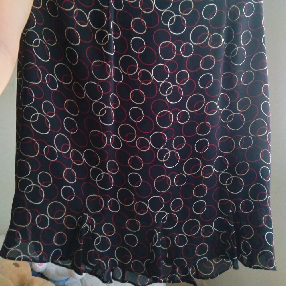 Vintage Talbots Black Circle Print 100% Silk Ruffle Midi Skirt Size 12
